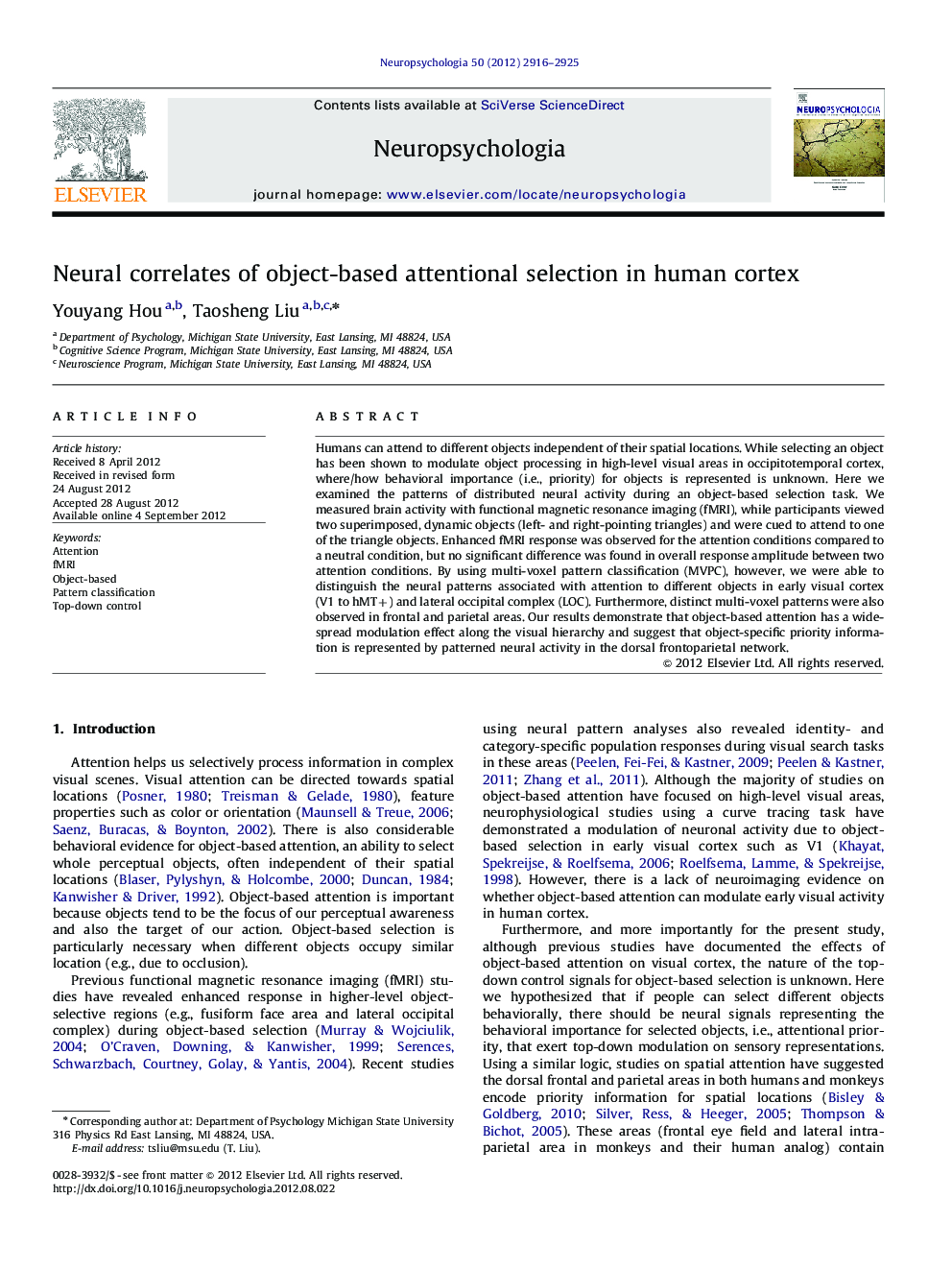 Neural correlates of object-based attentional selection in human cortex