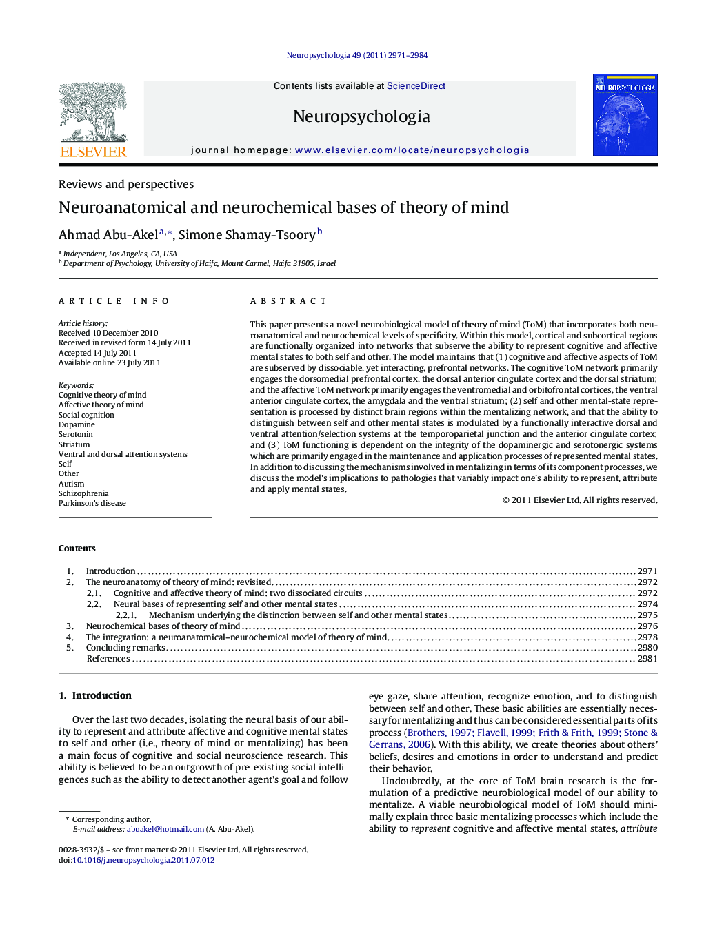 Neuroanatomical and neurochemical bases of theory of mind