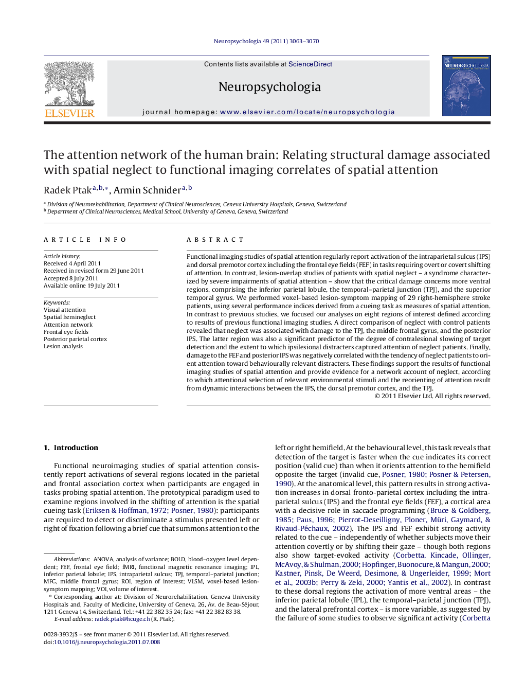 عکس صفحه اول مقاله: The attention network of the human brain: Relating structural damage associated with spatial neglect to functional imaging correlates of spatial attention The attention network of the human brain: Relating structural damage associated with spatial neglect to functional imaging correlates of spatial attention