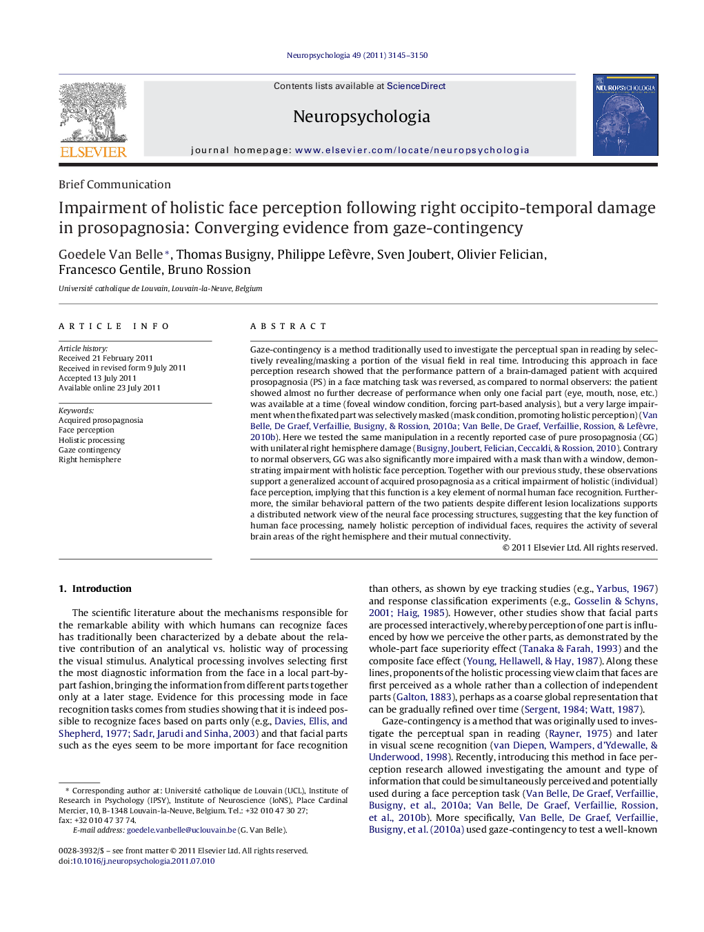 Impairment of holistic face perception following right occipito-temporal damage in prosopagnosia: Converging evidence from gaze-contingency