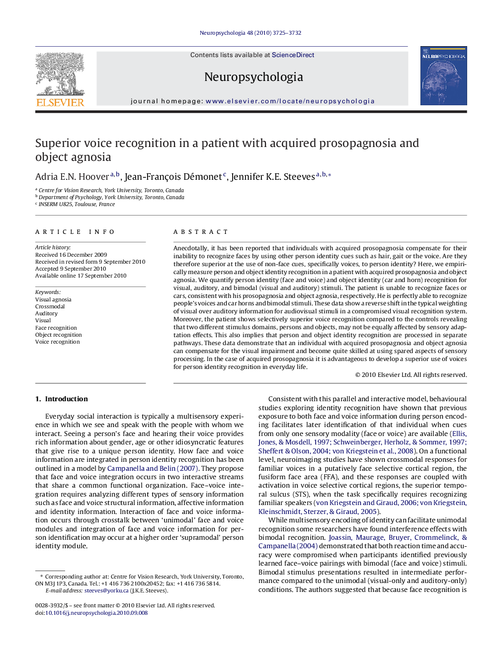 Superior voice recognition in a patient with acquired prosopagnosia and object agnosia