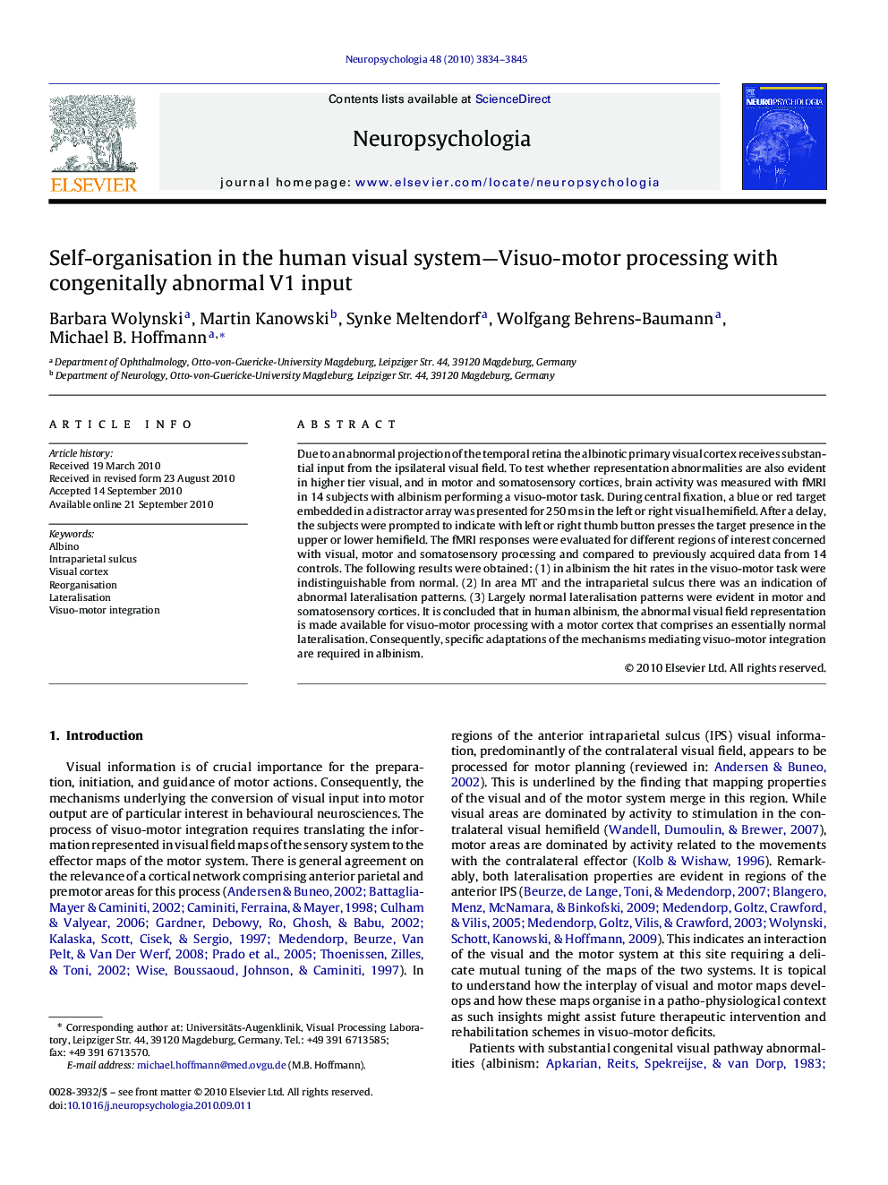 Self-organisation in the human visual system-Visuo-motor processing with congenitally abnormal V1 input