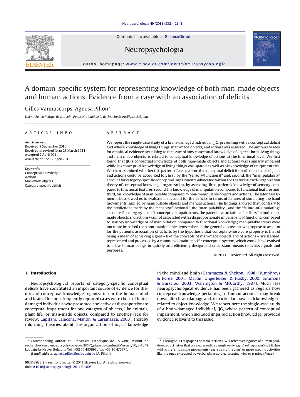 A domain-specific system for representing knowledge of both man-made objects and human actions. Evidence from a case with an association of deficits