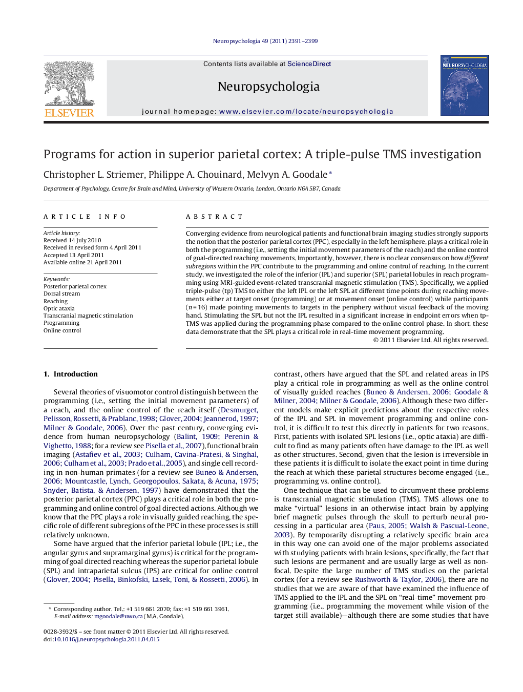 Programs for action in superior parietal cortex: A triple-pulse TMS investigation