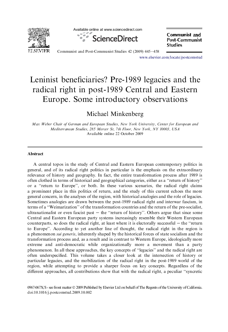 Leninist beneficiaries? Pre-1989 legacies and the radical right in post-1989 Central and Eastern Europe. Some introductory observations