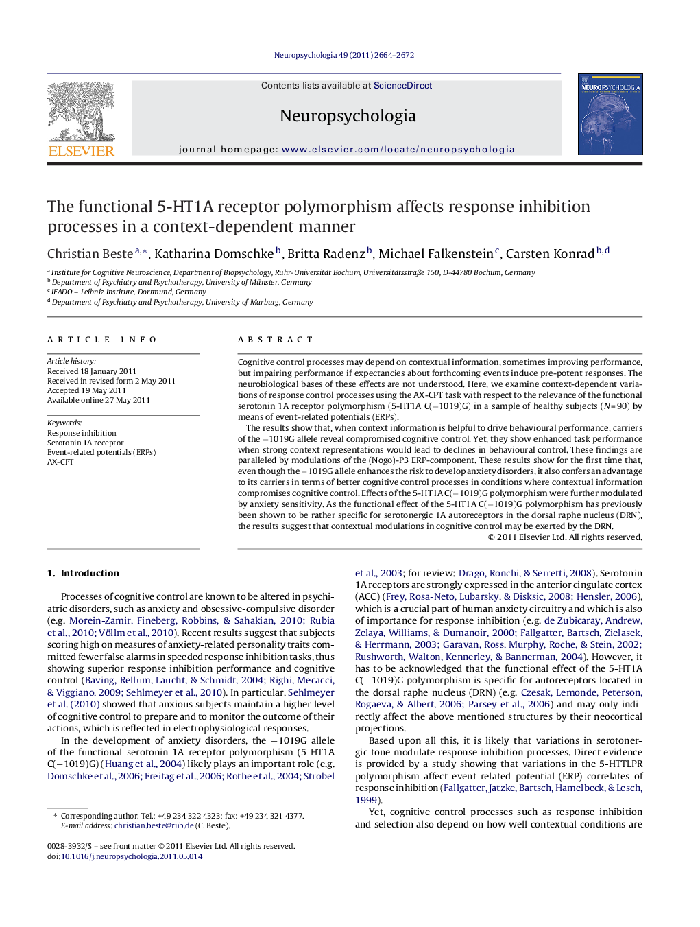 The functional 5-HT1A receptor polymorphism affects response inhibition processes in a context-dependent manner