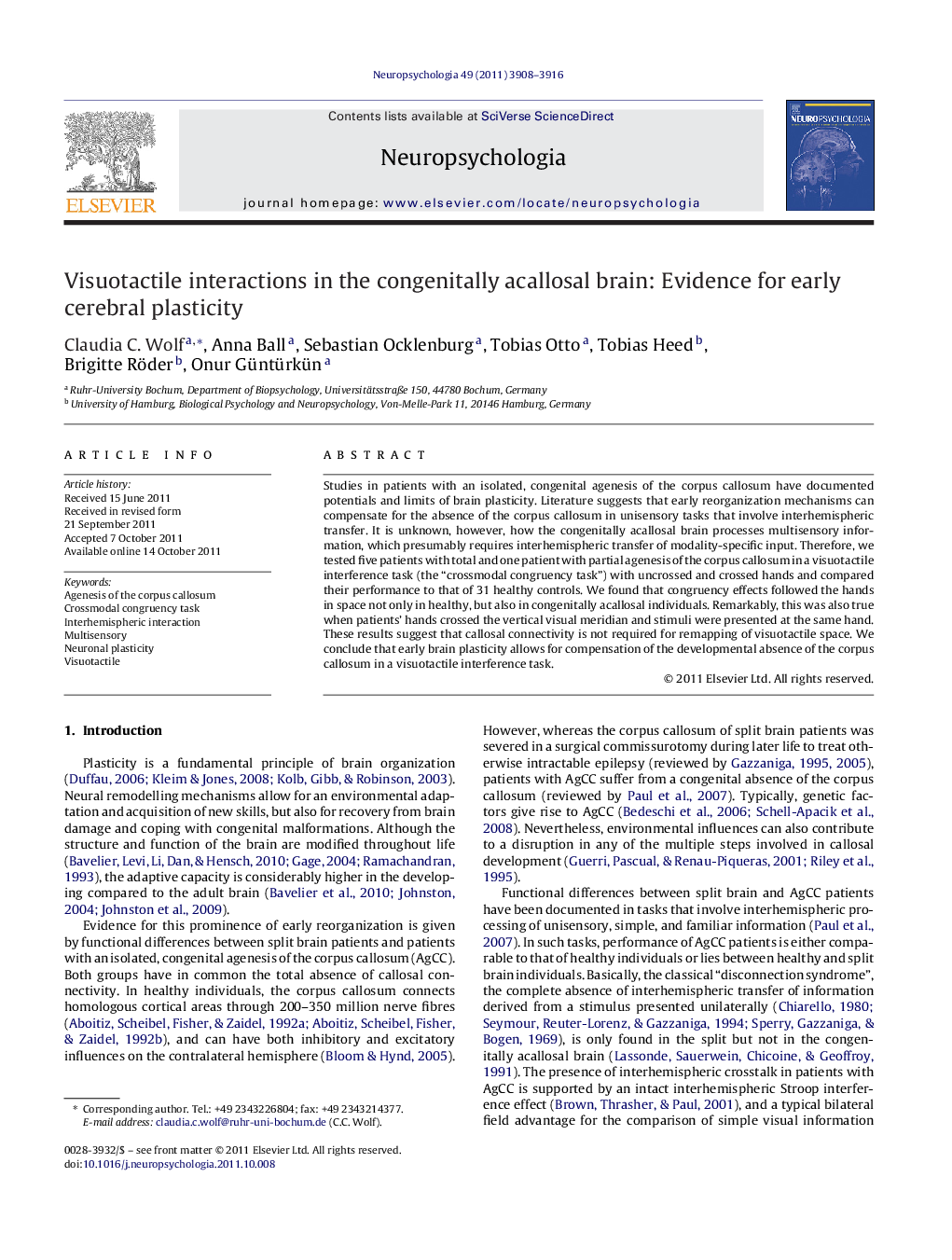 Visuotactile interactions in the congenitally acallosal brain: Evidence for early cerebral plasticity