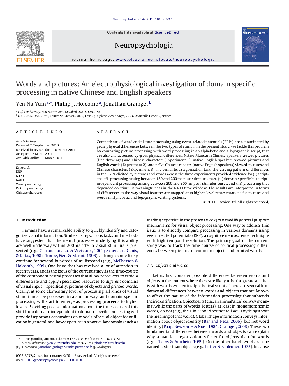 Words and pictures: An electrophysiological investigation of domain specific processing in native Chinese and English speakers