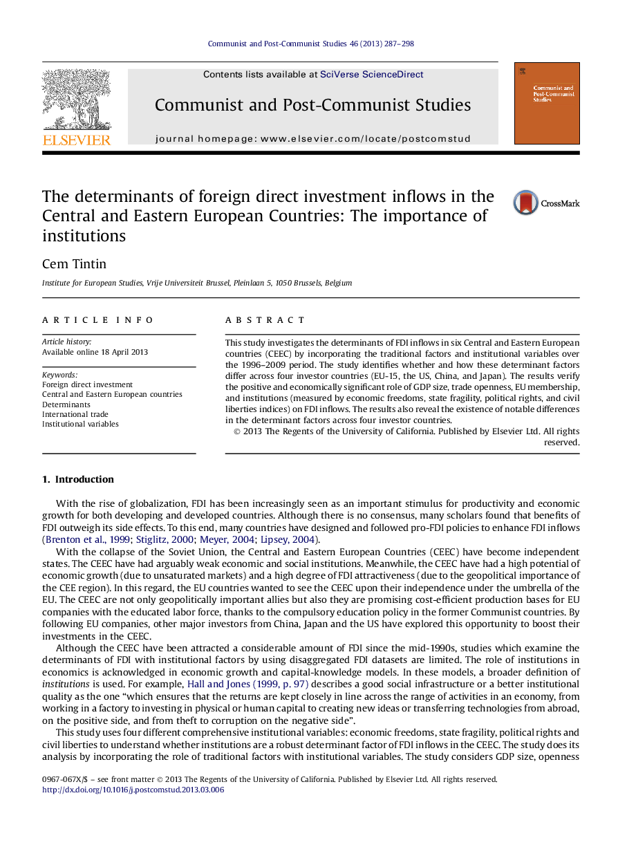 The determinants of foreign direct investment inflows in the Central and Eastern European Countries: The importance of institutions