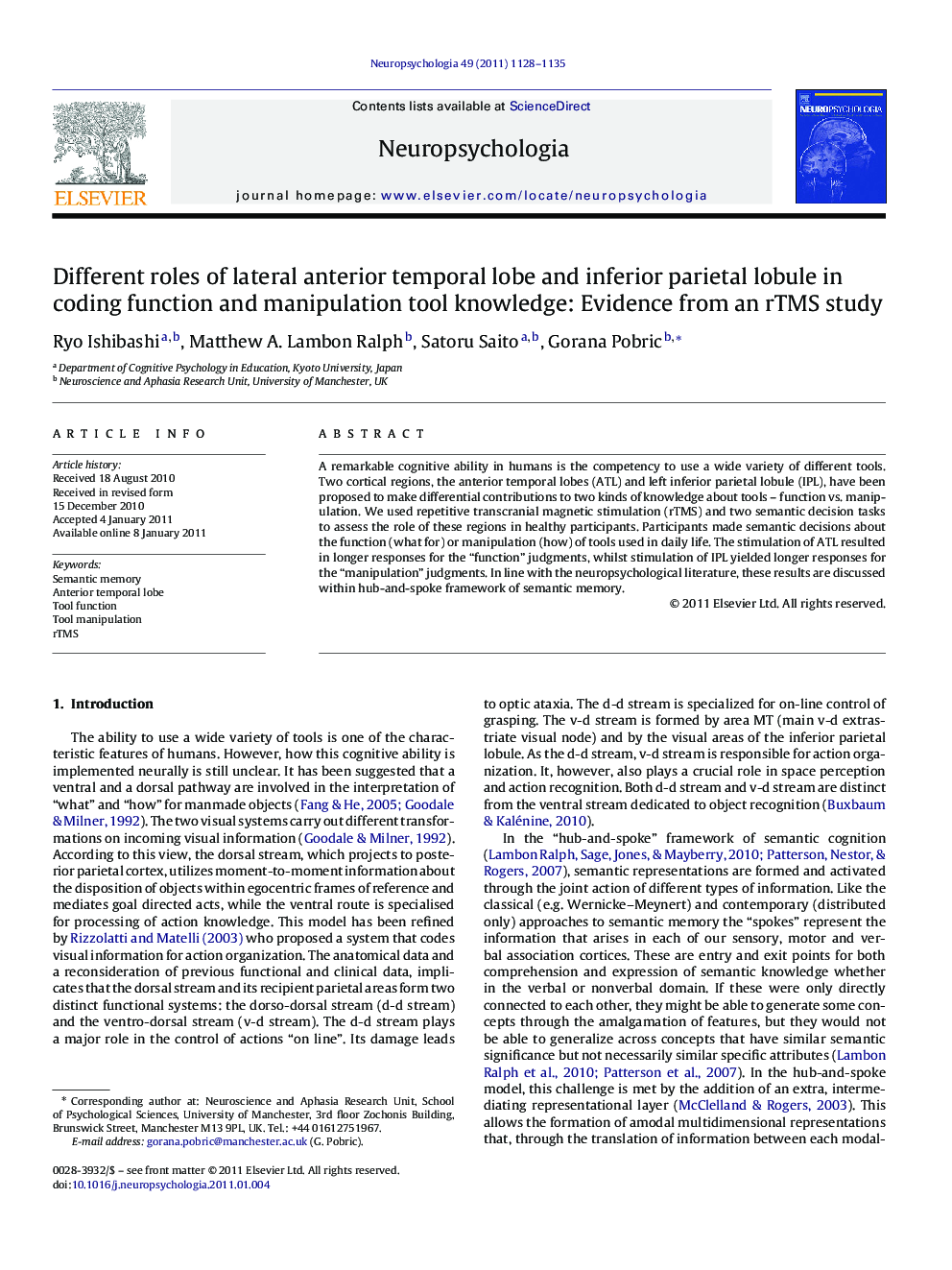 Different roles of lateral anterior temporal lobe and inferior parietal lobule in coding function and manipulation tool knowledge: Evidence from an rTMS study