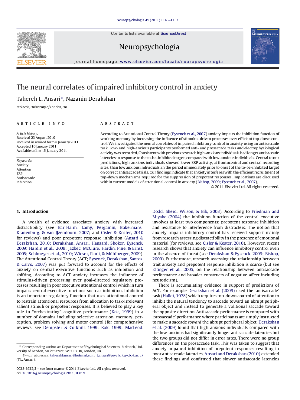 The neural correlates of impaired inhibitory control in anxiety