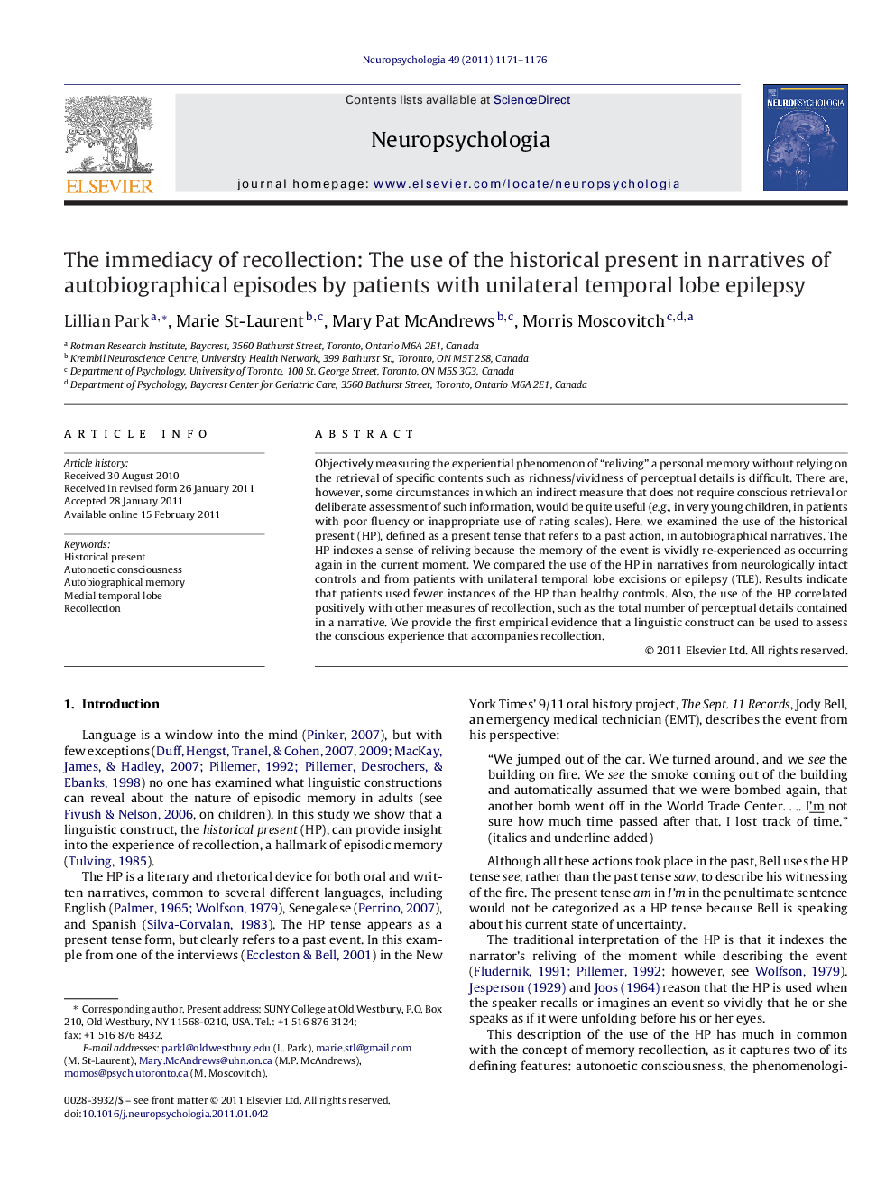 The immediacy of recollection: The use of the historical present in narratives of autobiographical episodes by patients with unilateral temporal lobe epilepsy