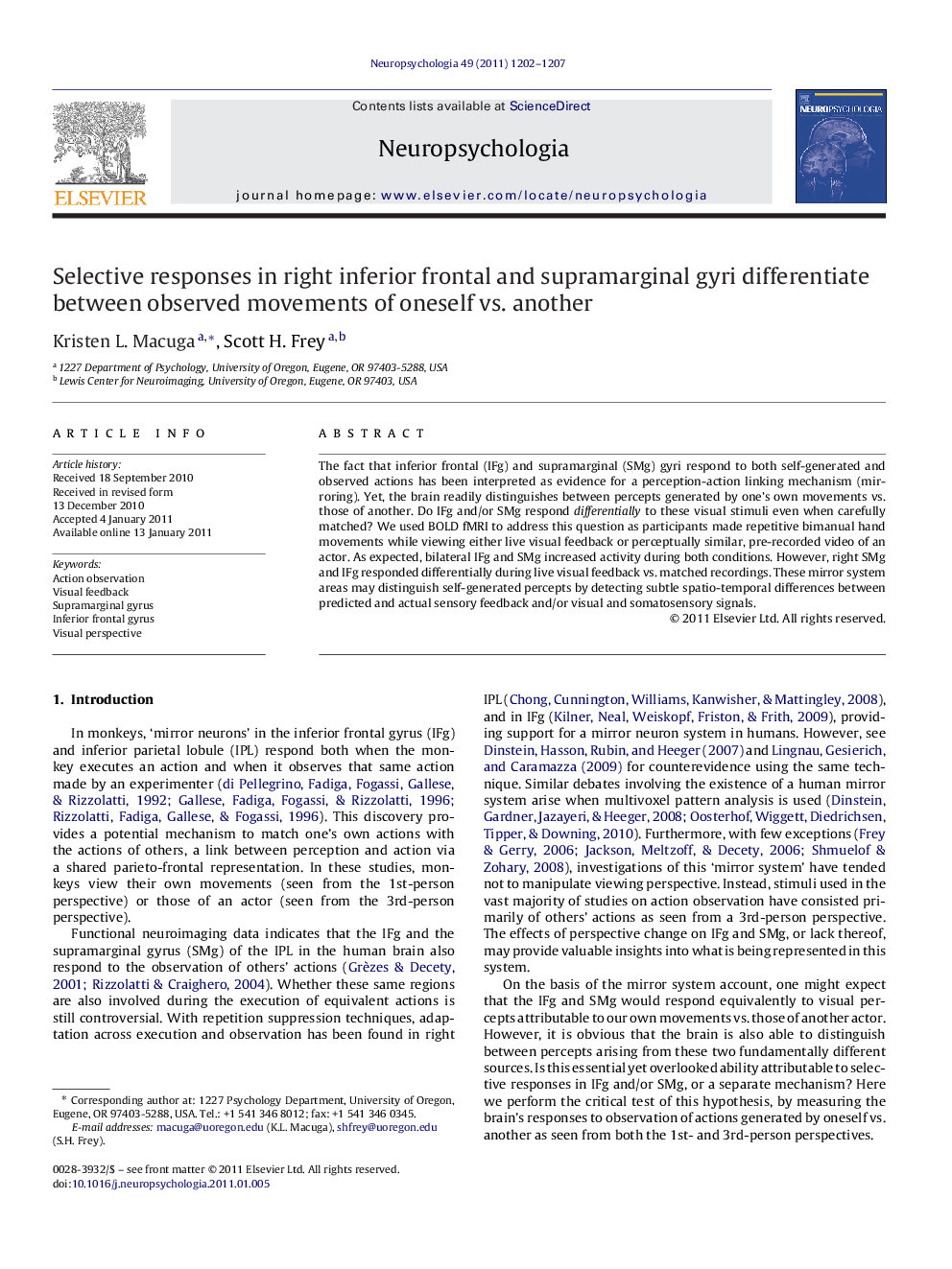 Selective responses in right inferior frontal and supramarginal gyri differentiate between observed movements of oneself vs. another