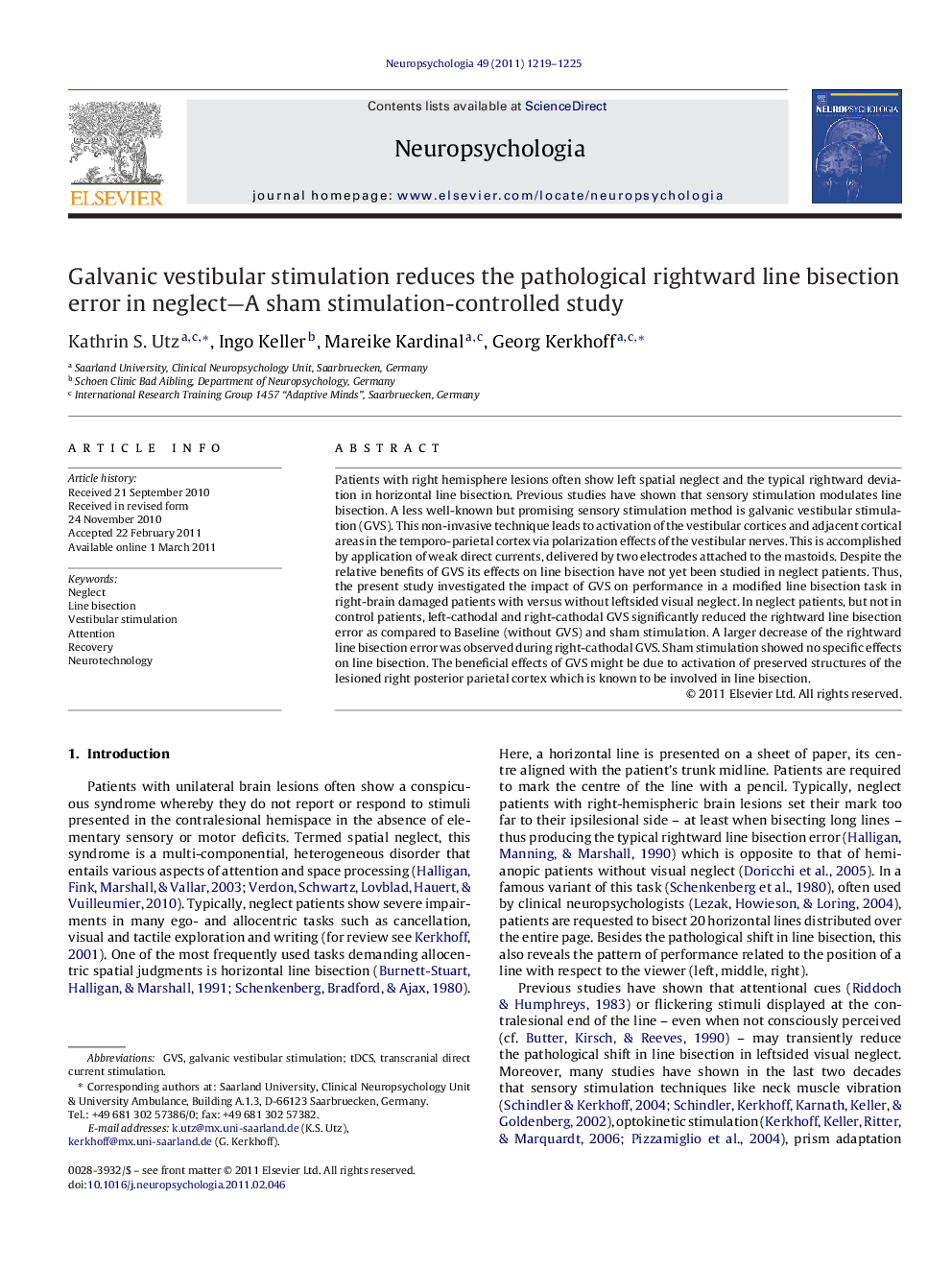 Galvanic vestibular stimulation reduces the pathological rightward line bisection error in neglect-A sham stimulation-controlled study