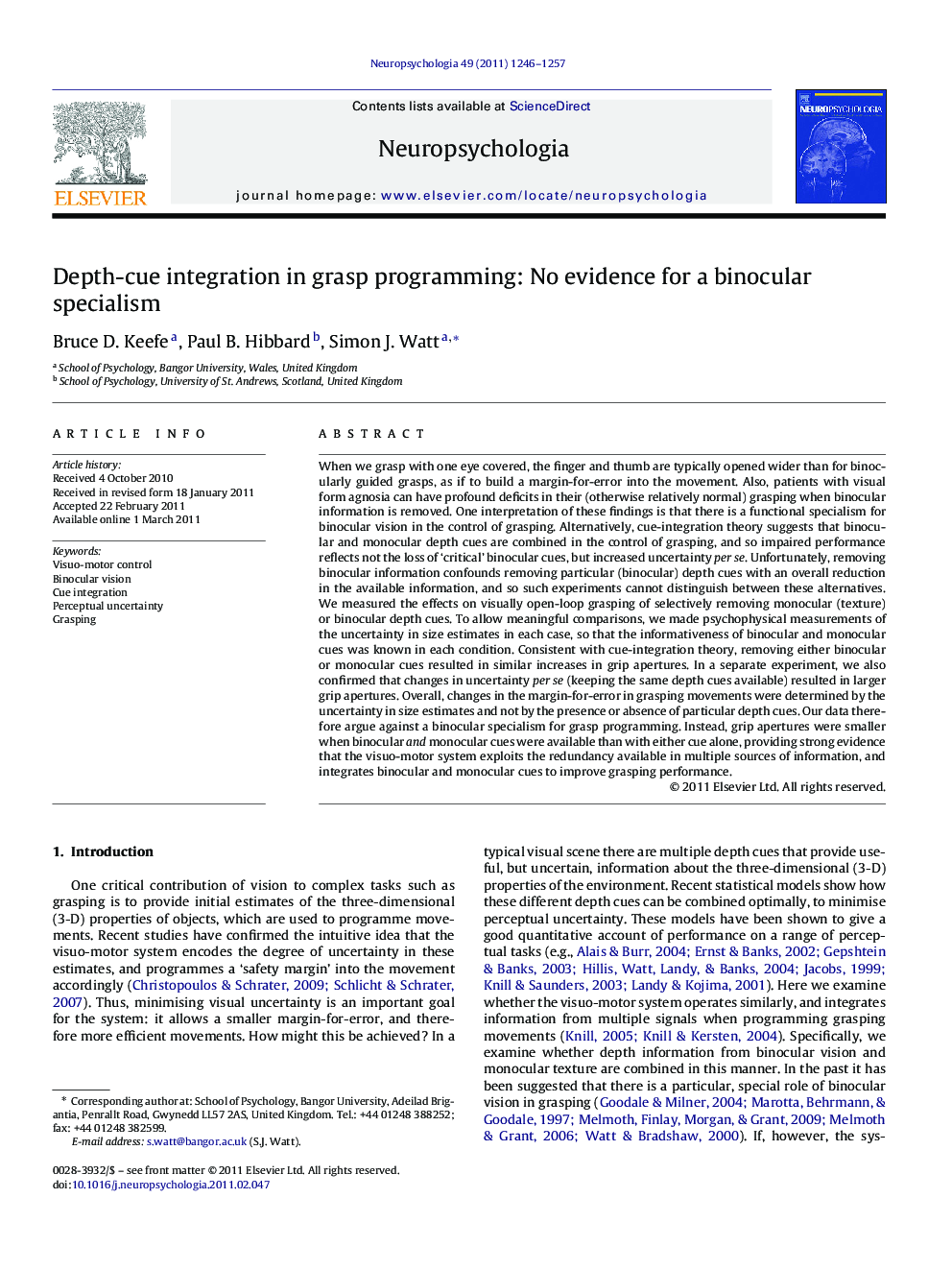 Depth-cue integration in grasp programming: No evidence for a binocular specialism