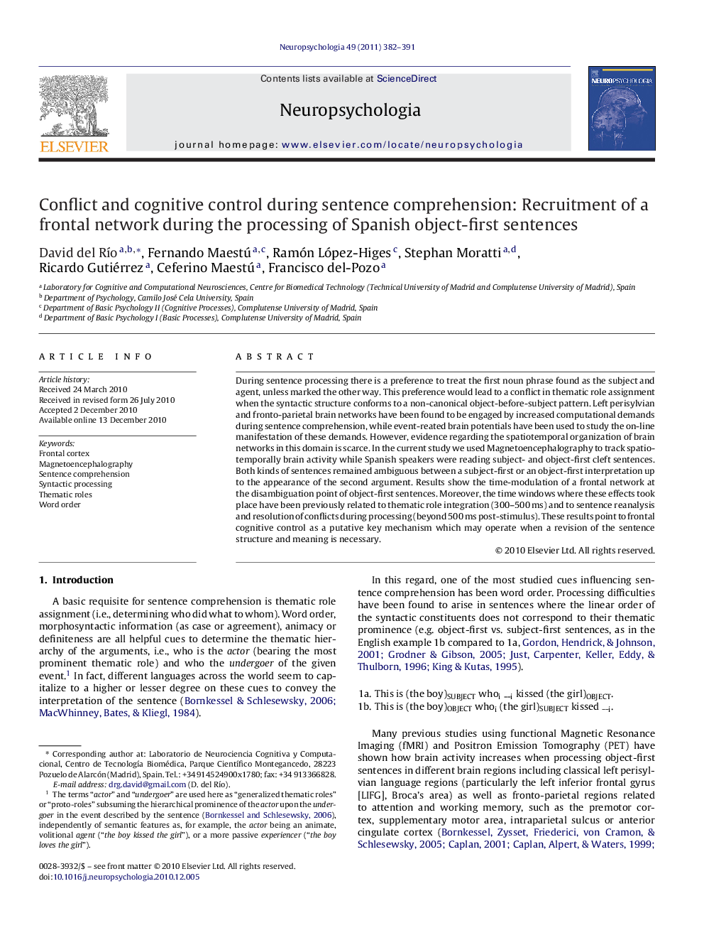 Conflict and cognitive control during sentence comprehension: Recruitment of a frontal network during the processing of Spanish object-first sentences