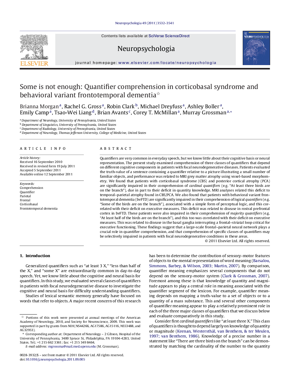 Some is not enough: Quantifier comprehension in corticobasal syndrome and behavioral variant frontotemporal dementia