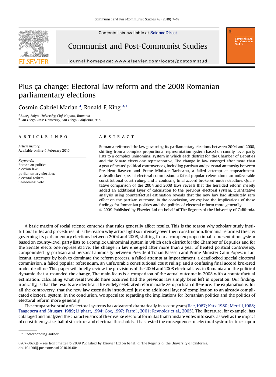 Plus ça change: Electoral law reform and the 2008 Romanian parliamentary elections