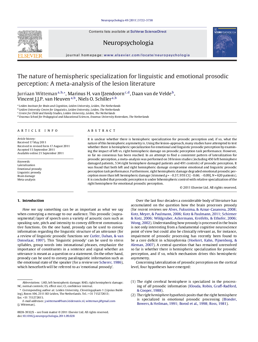 The nature of hemispheric specialization for linguistic and emotional prosodic perception: A meta-analysis of the lesion literature