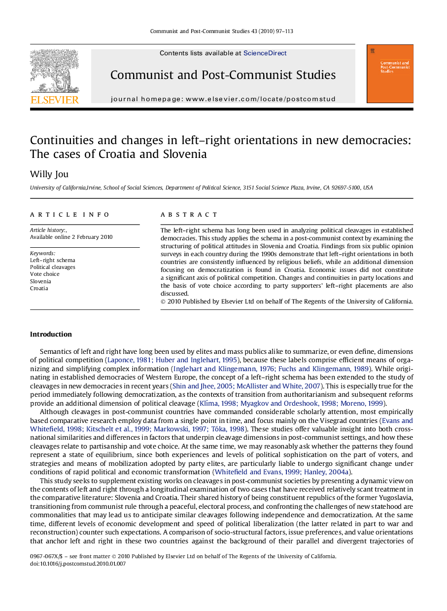 Continuities and changes in left–right orientations in new democracies: The cases of Croatia and Slovenia