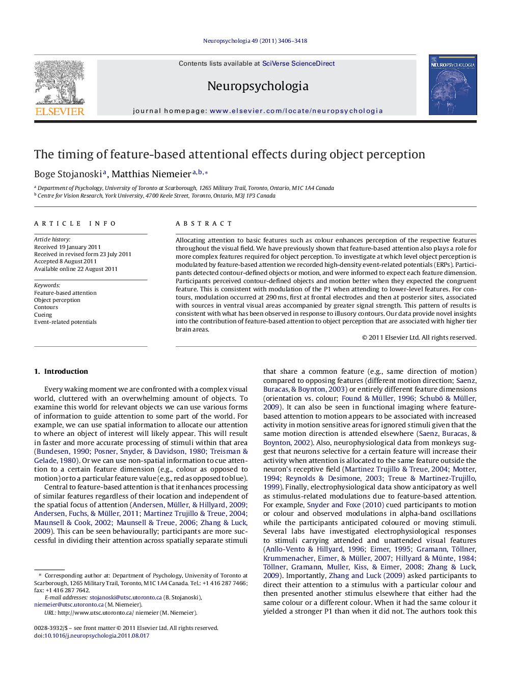 The timing of feature-based attentional effects during object perception