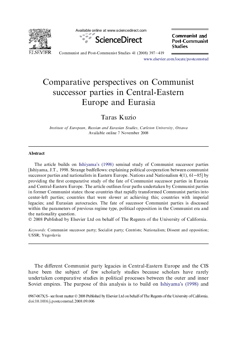 Comparative perspectives on Communist successor parties in Central-Eastern Europe and Eurasia