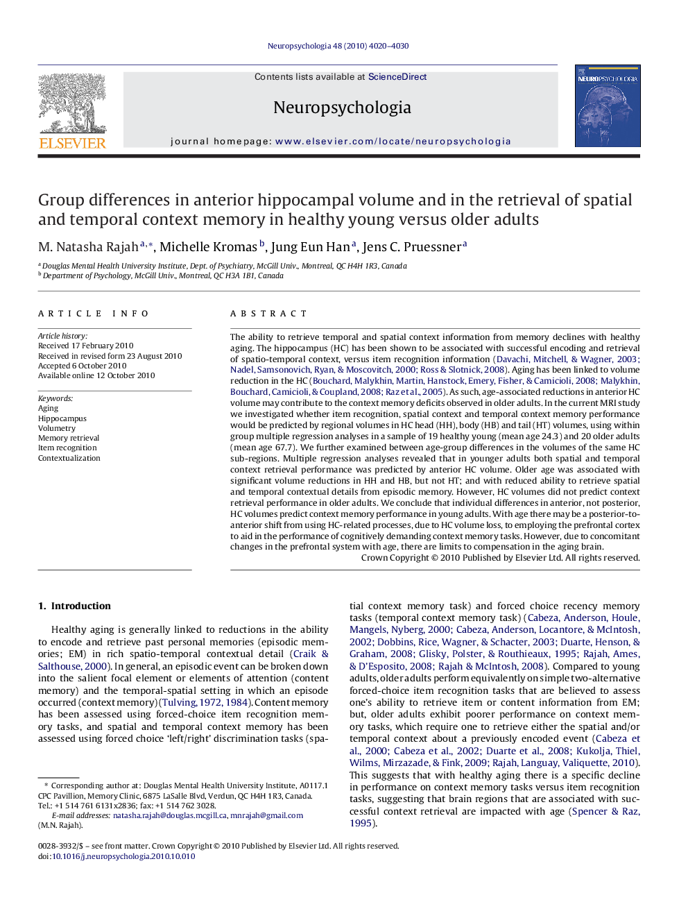 Group differences in anterior hippocampal volume and in the retrieval of spatial and temporal context memory in healthy young versus older adults