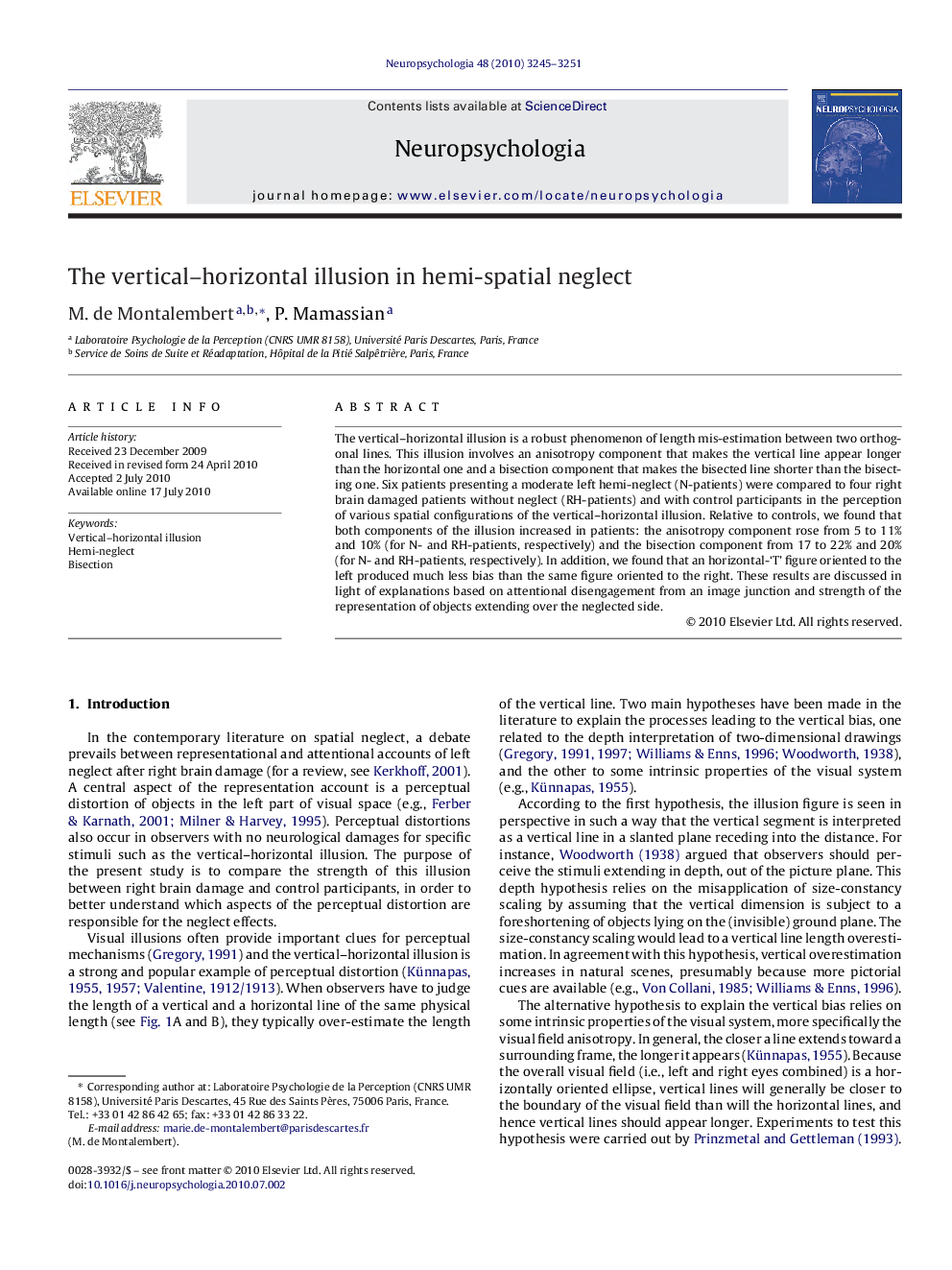 عکس صفحه اول مقاله: The vertical-horizontal illusion in hemi-spatial neglect The vertical-horizontal illusion in hemi-spatial neglect