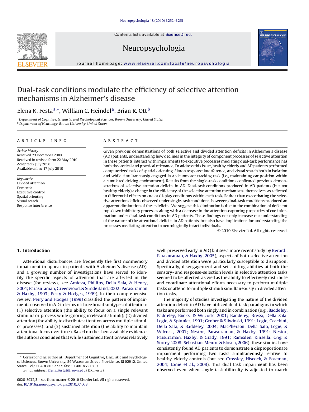 Dual-task conditions modulate the efficiency of selective attention mechanisms in Alzheimer's disease