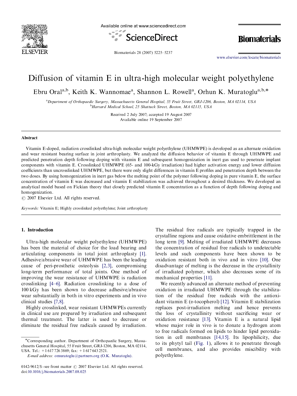 Diffusion of vitamin E in ultra-high molecular weight polyethylene