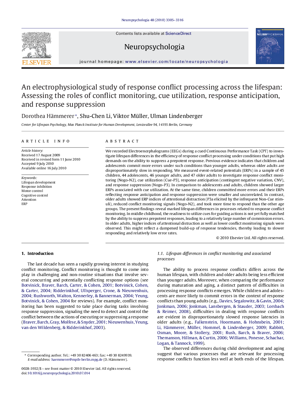 An electrophysiological study of response conflict processing across the lifespan: Assessing the roles of conflict monitoring, cue utilization, response anticipation, and response suppression