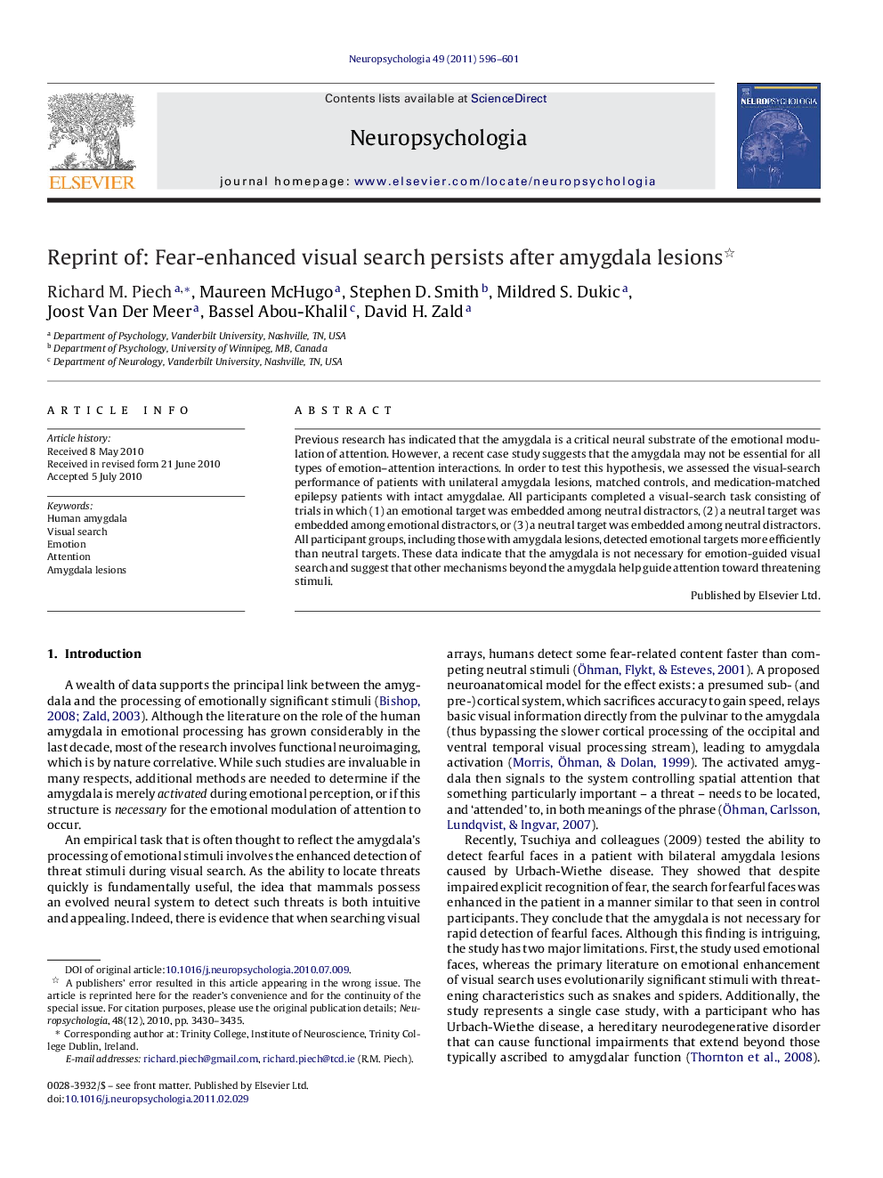 Reprint of: Fear-enhanced visual search persists after amygdala lesions