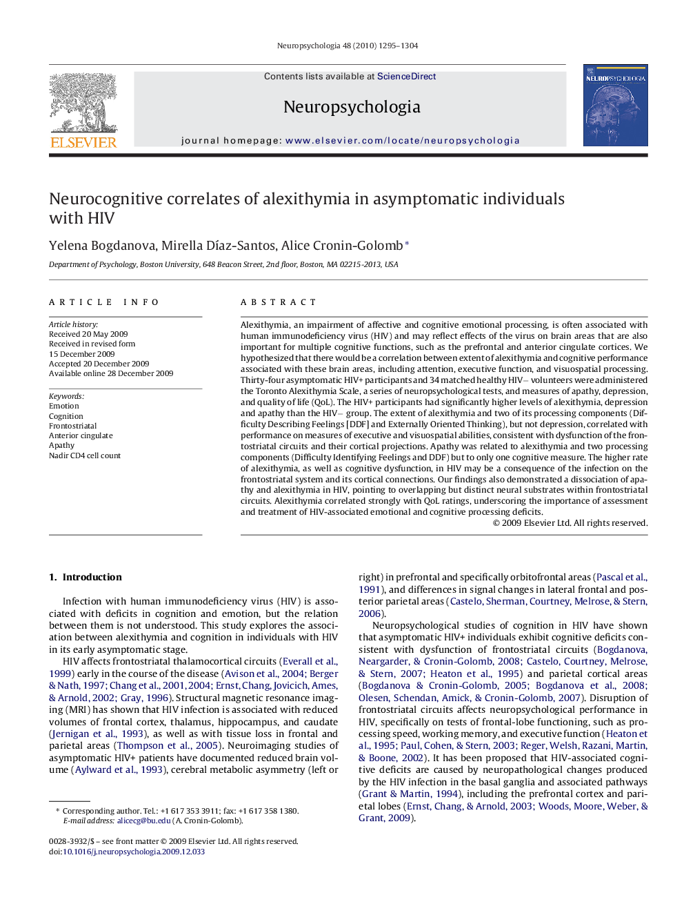 Neurocognitive correlates of alexithymia in asymptomatic individuals with HIV