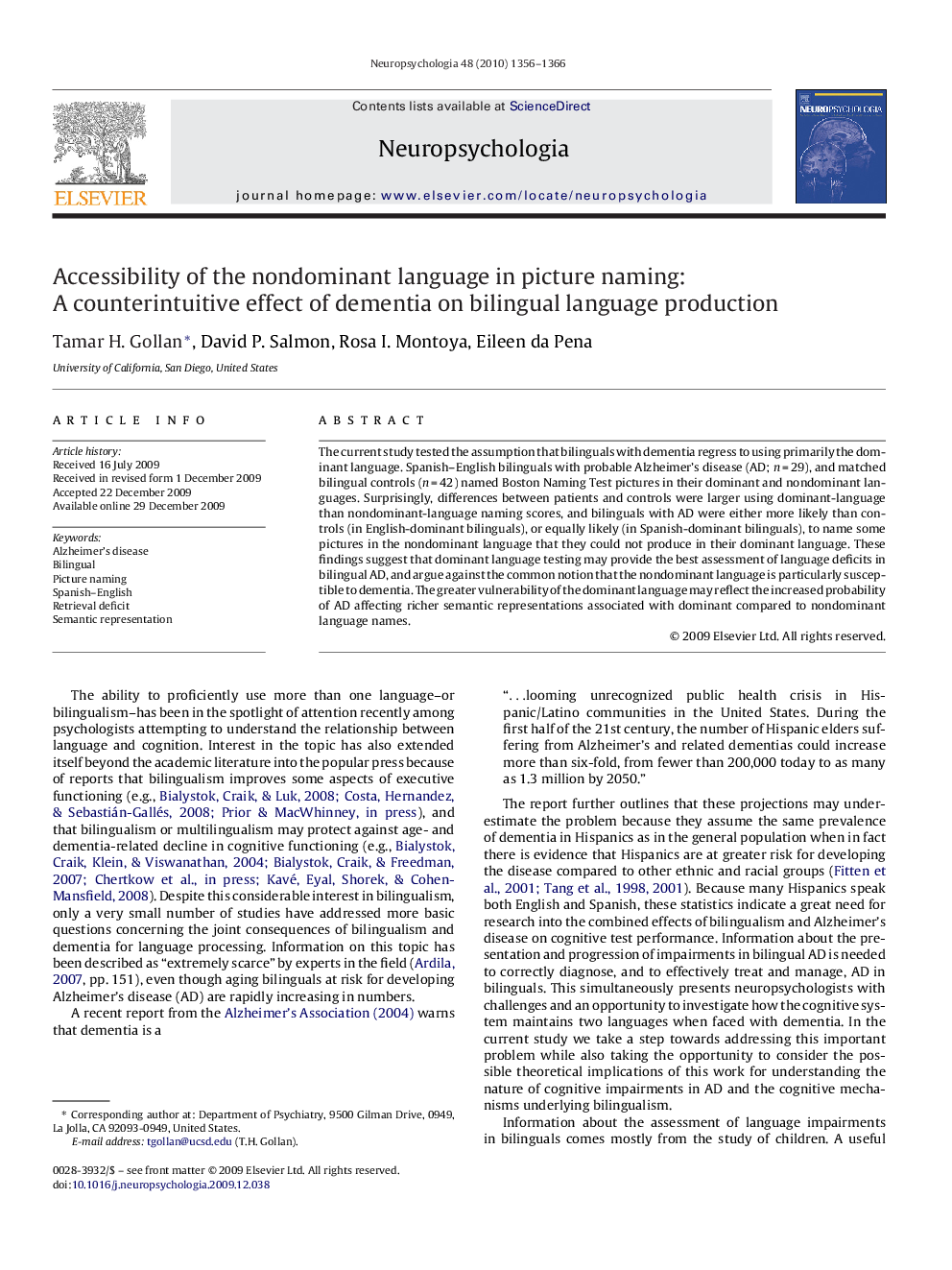 Accessibility of the nondominant language in picture naming: A counterintuitive effect of dementia on bilingual language production