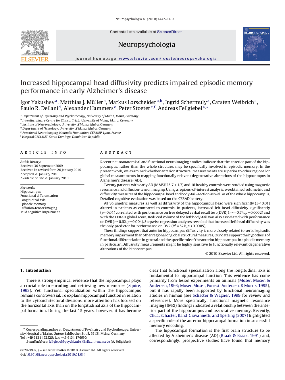 Increased hippocampal head diffusivity predicts impaired episodic memory performance in early Alzheimer's disease