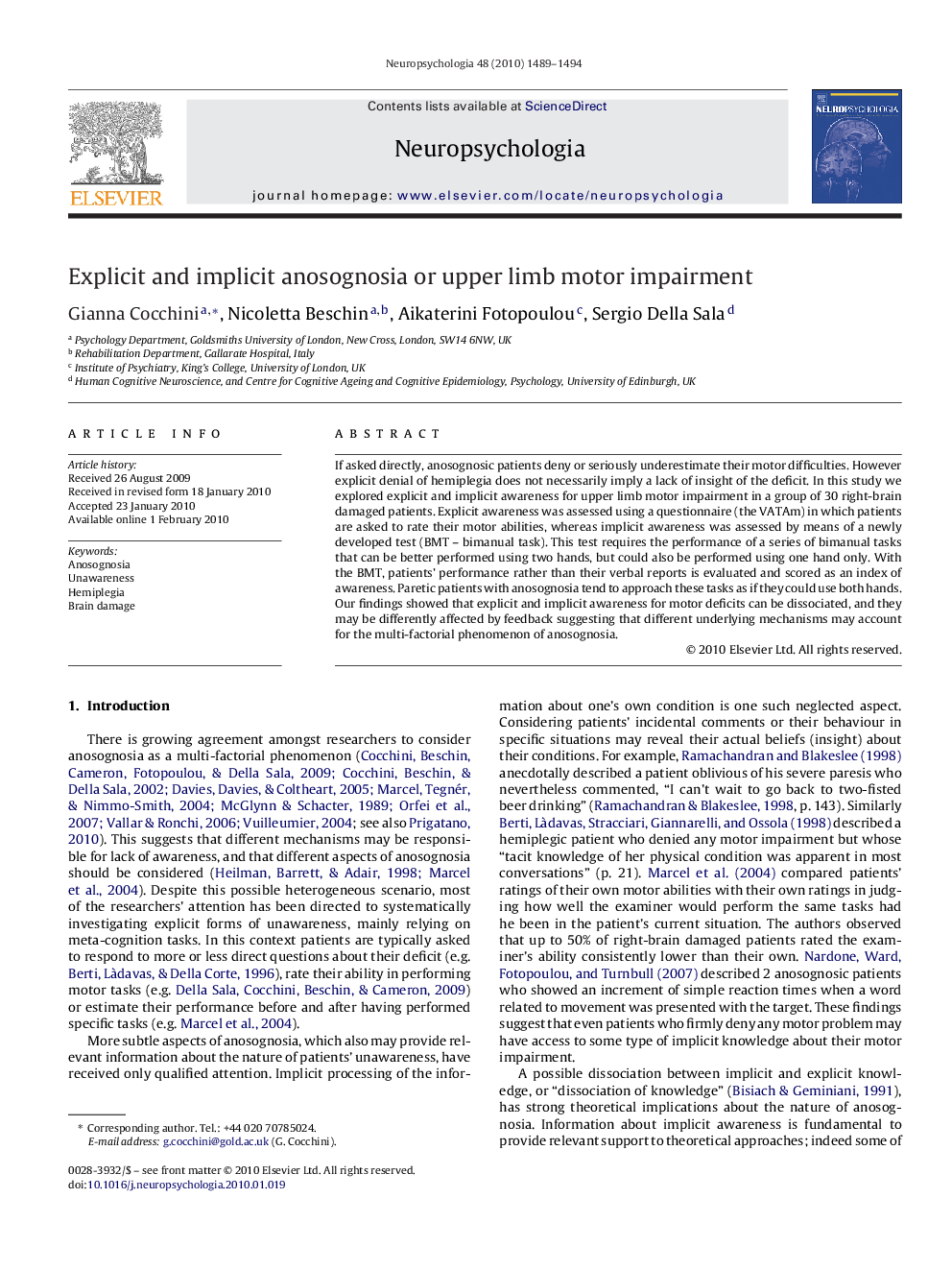 Explicit and implicit anosognosia or upper limb motor impairment