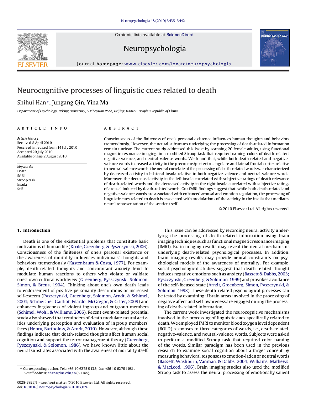 Neurocognitive processes of linguistic cues related to death