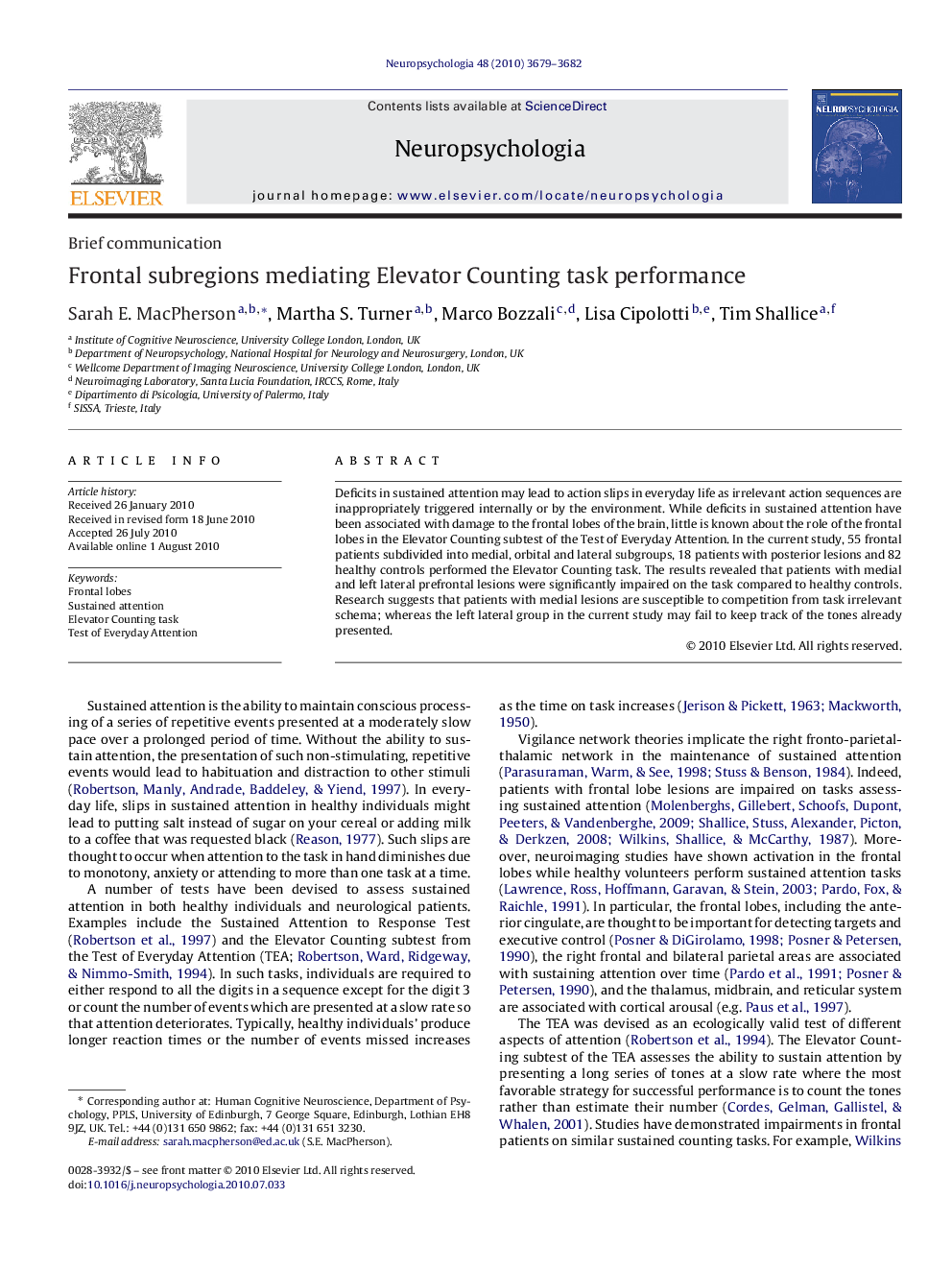 Frontal subregions mediating Elevator Counting task performance