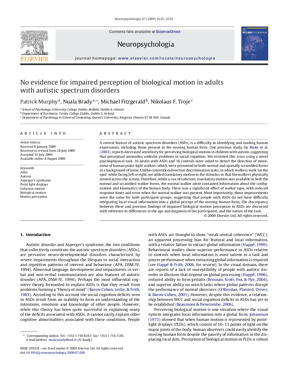 No evidence for impaired perception of biological motion in adults with autistic spectrum disorders