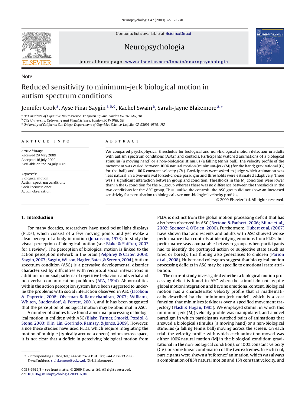 Reduced sensitivity to minimum-jerk biological motion in autism spectrum conditions