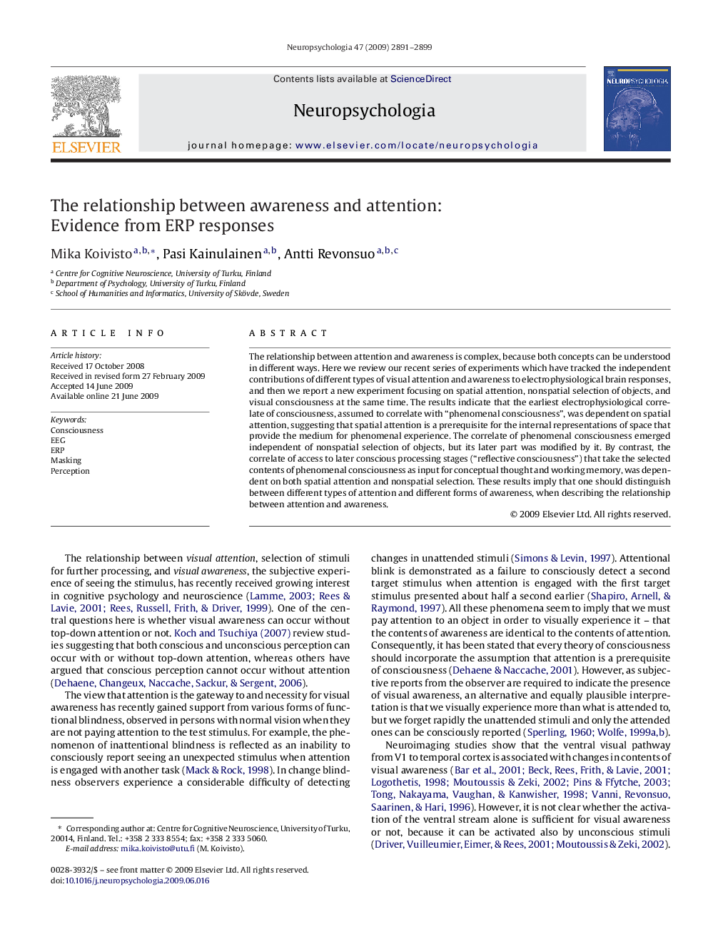 The relationship between awareness and attention: Evidence from ERP responses