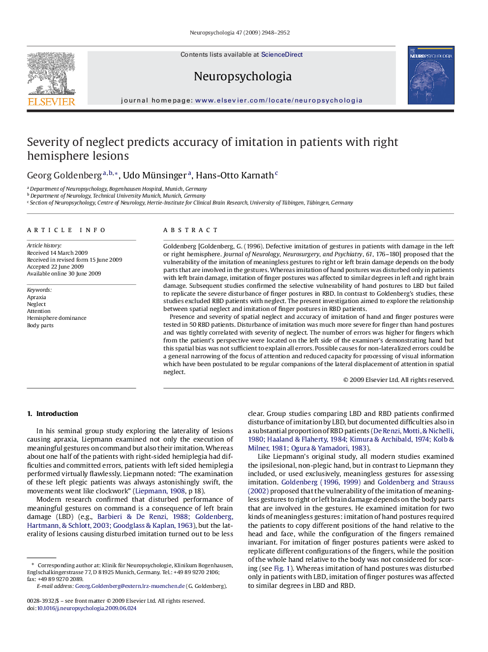 Severity of neglect predicts accuracy of imitation in patients with right hemisphere lesions