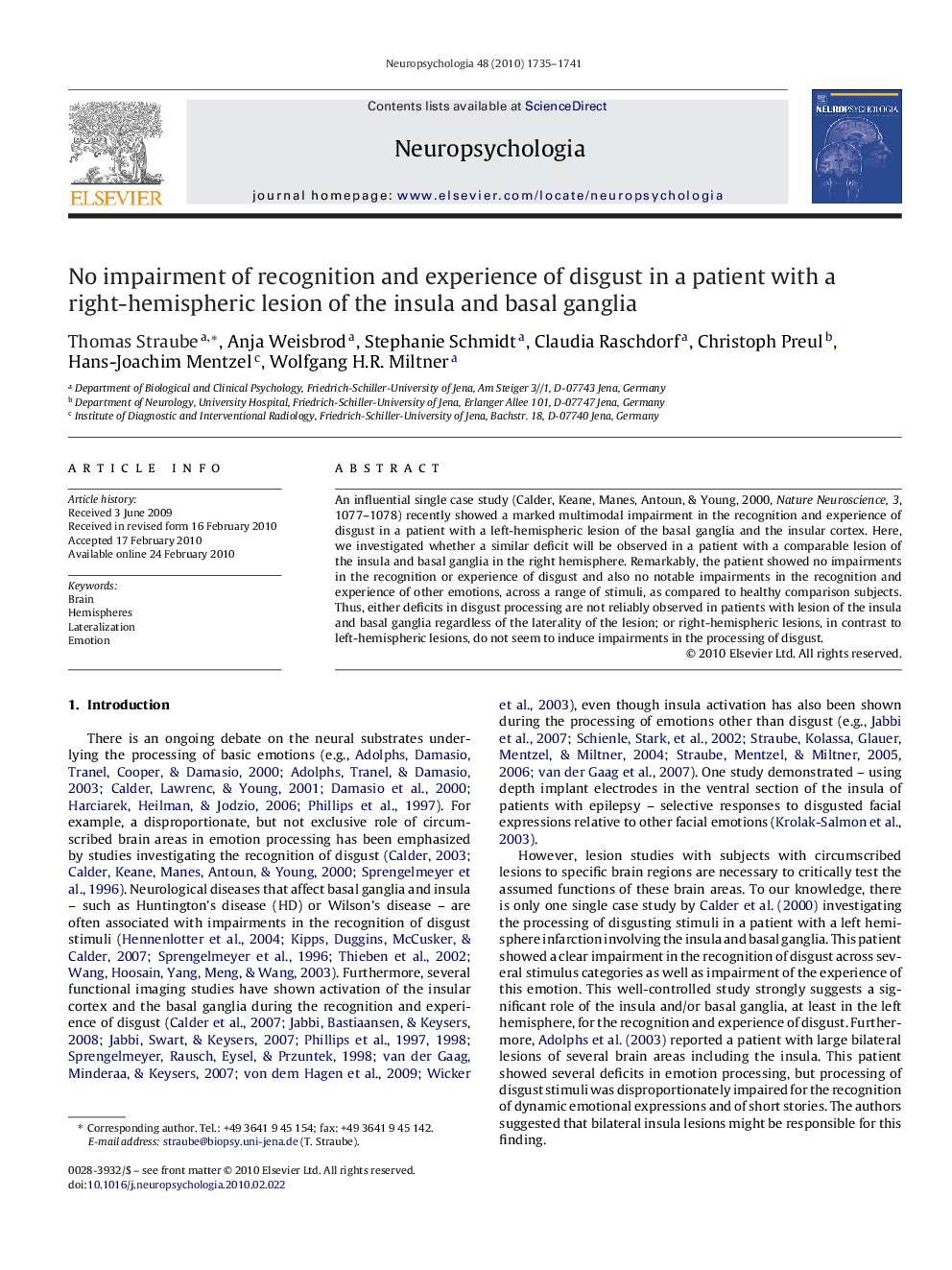 No impairment of recognition and experience of disgust in a patient with a right-hemispheric lesion of the insula and basal ganglia