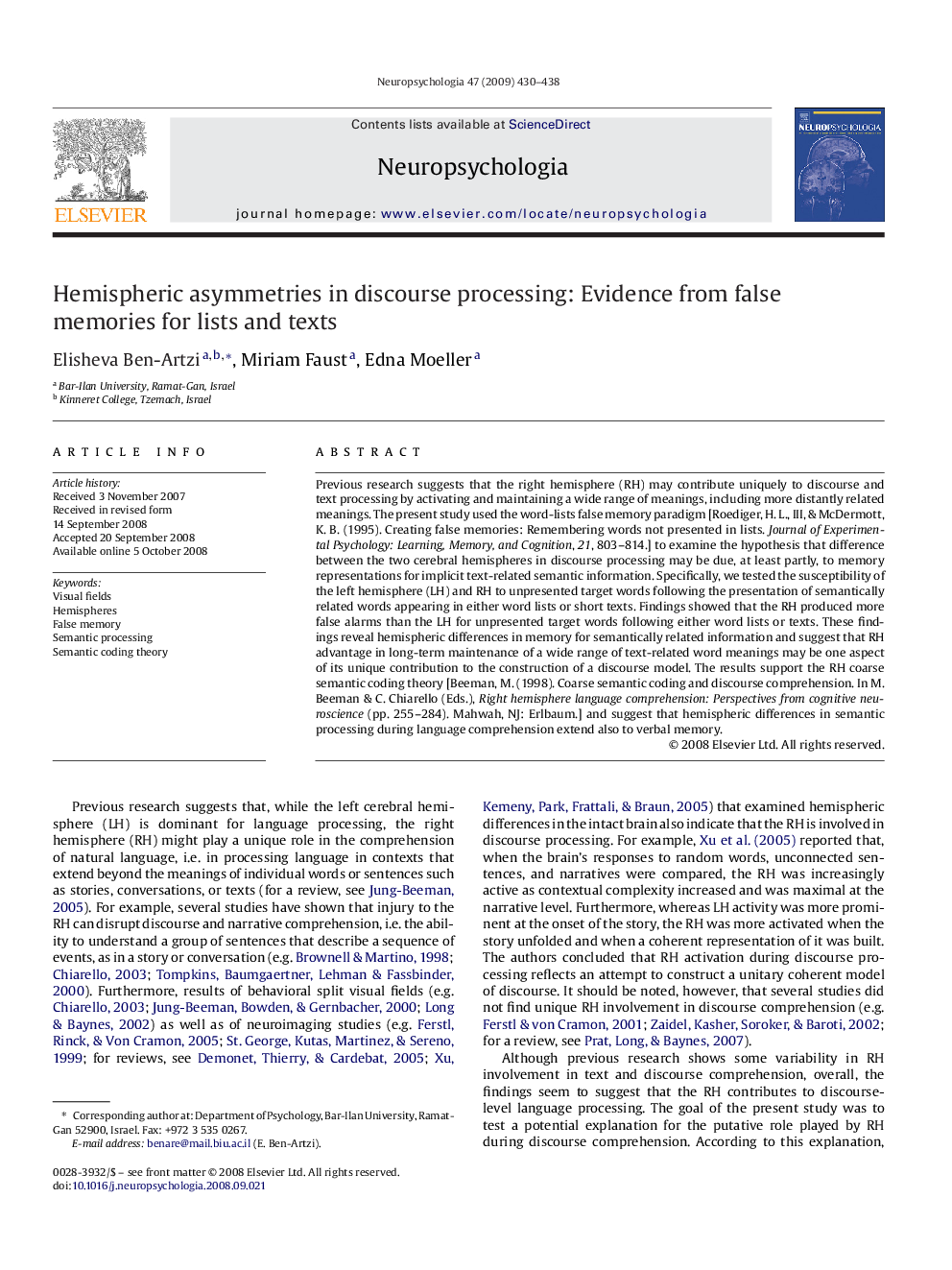 Hemispheric asymmetries in discourse processing: Evidence from false memories for lists and texts