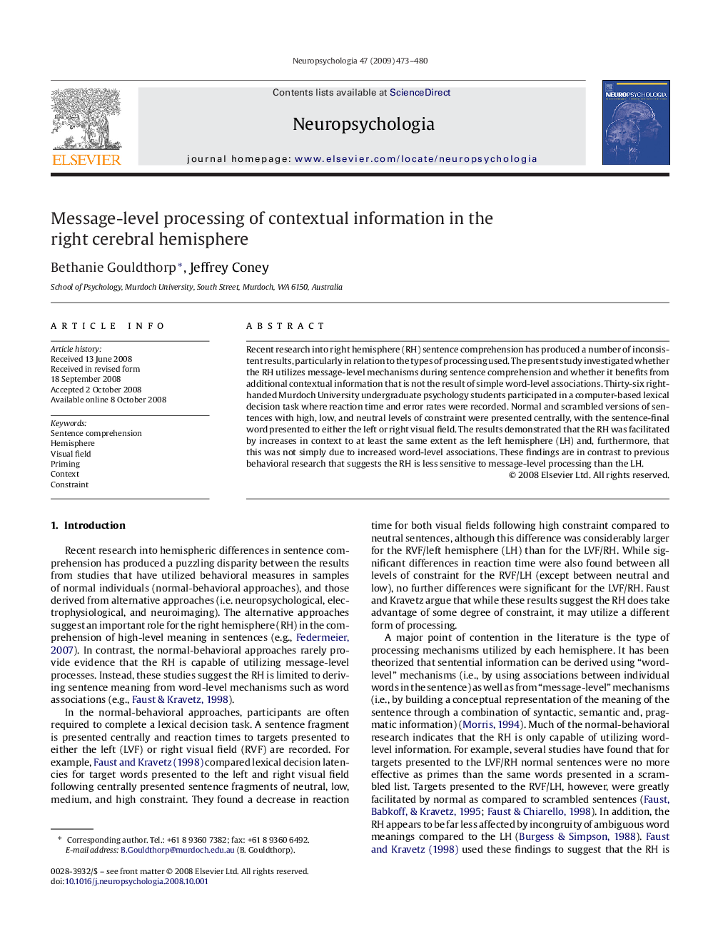 Message-level processing of contextual information in the right cerebral hemisphere