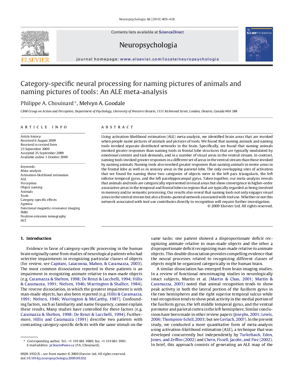 Category-specific neural processing for naming pictures of animals and naming pictures of tools: An ALE meta-analysis