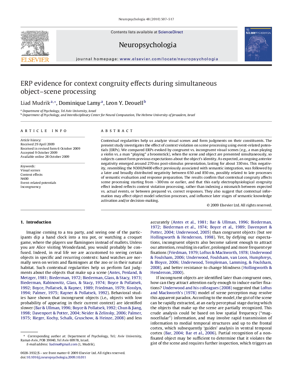 ERP evidence for context congruity effects during simultaneous object-scene processing