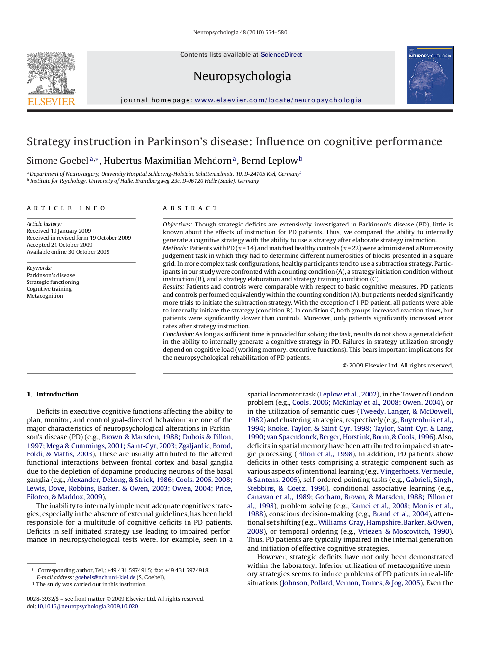 Strategy instruction in Parkinson's disease: Influence on cognitive performance