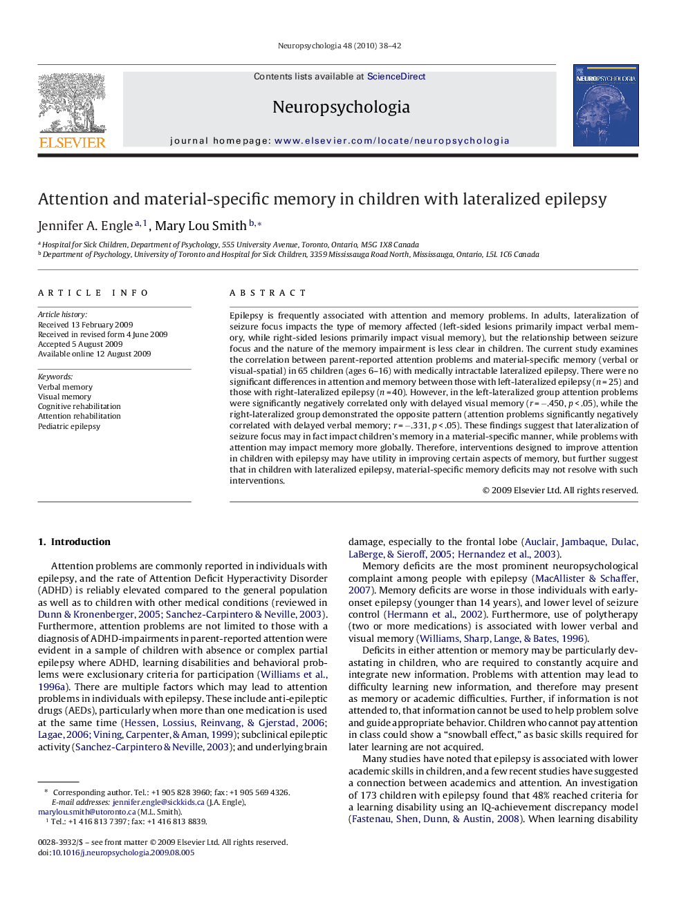 Attention and material-specific memory in children with lateralized epilepsy