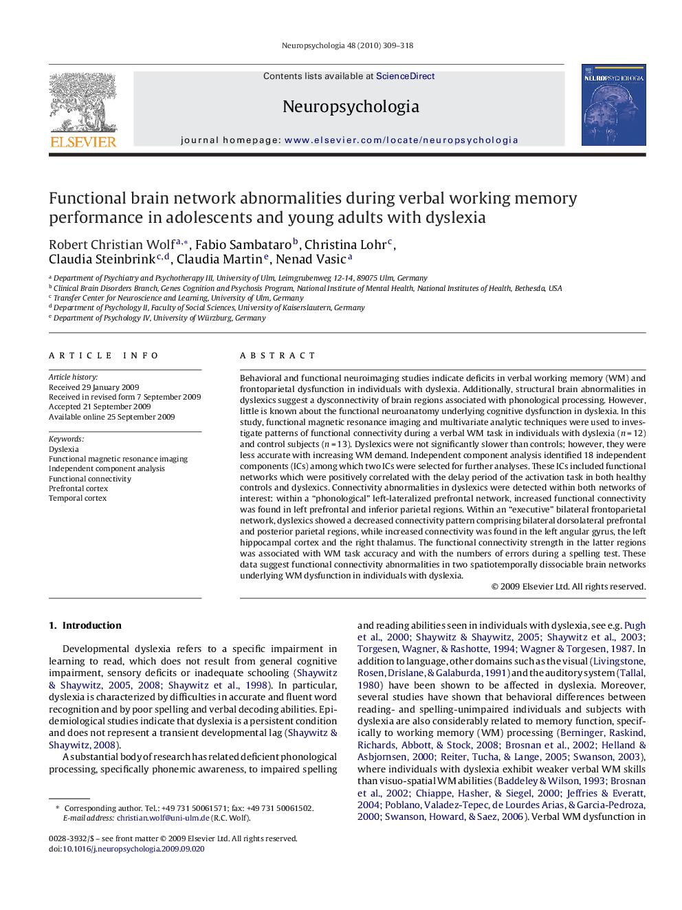 Functional brain network abnormalities during verbal working memory performance in adolescents and young adults with dyslexia